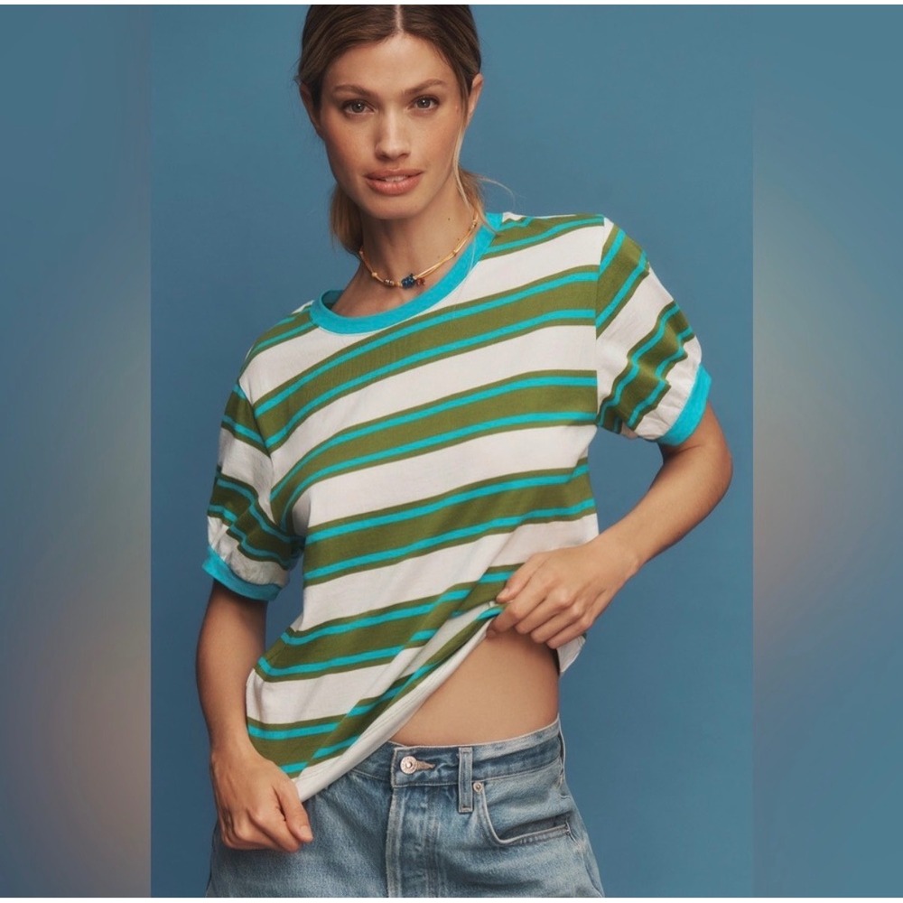 Pilcro Green Blue Striped Cotton Puff Sleeve Tee Women's Size Large